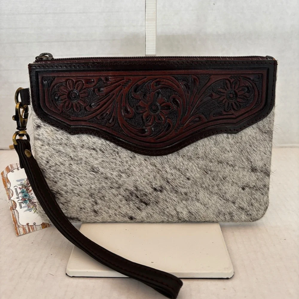 Country‎  Wristlet Women Brown Tooled Leather Cowhide Floral Western Clutch New